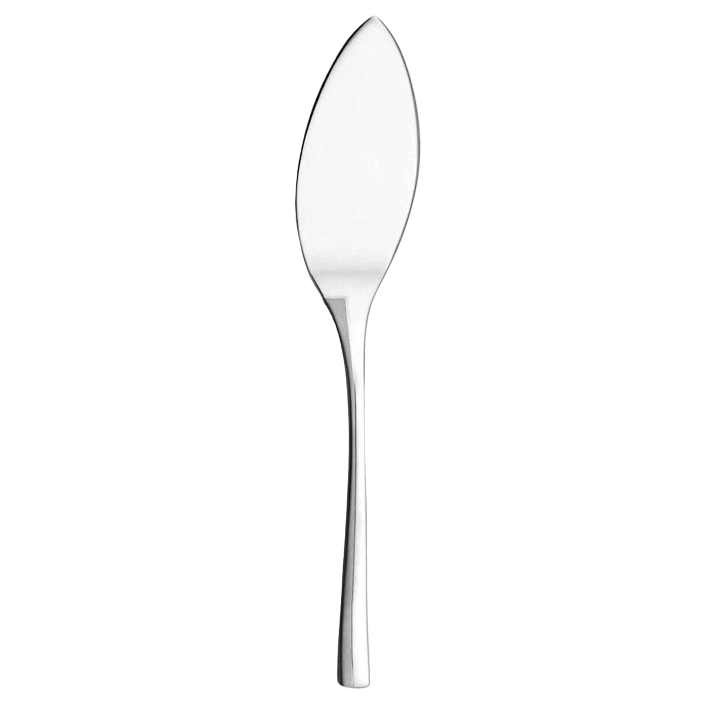 A silver cake server with a smooth, sleek design.