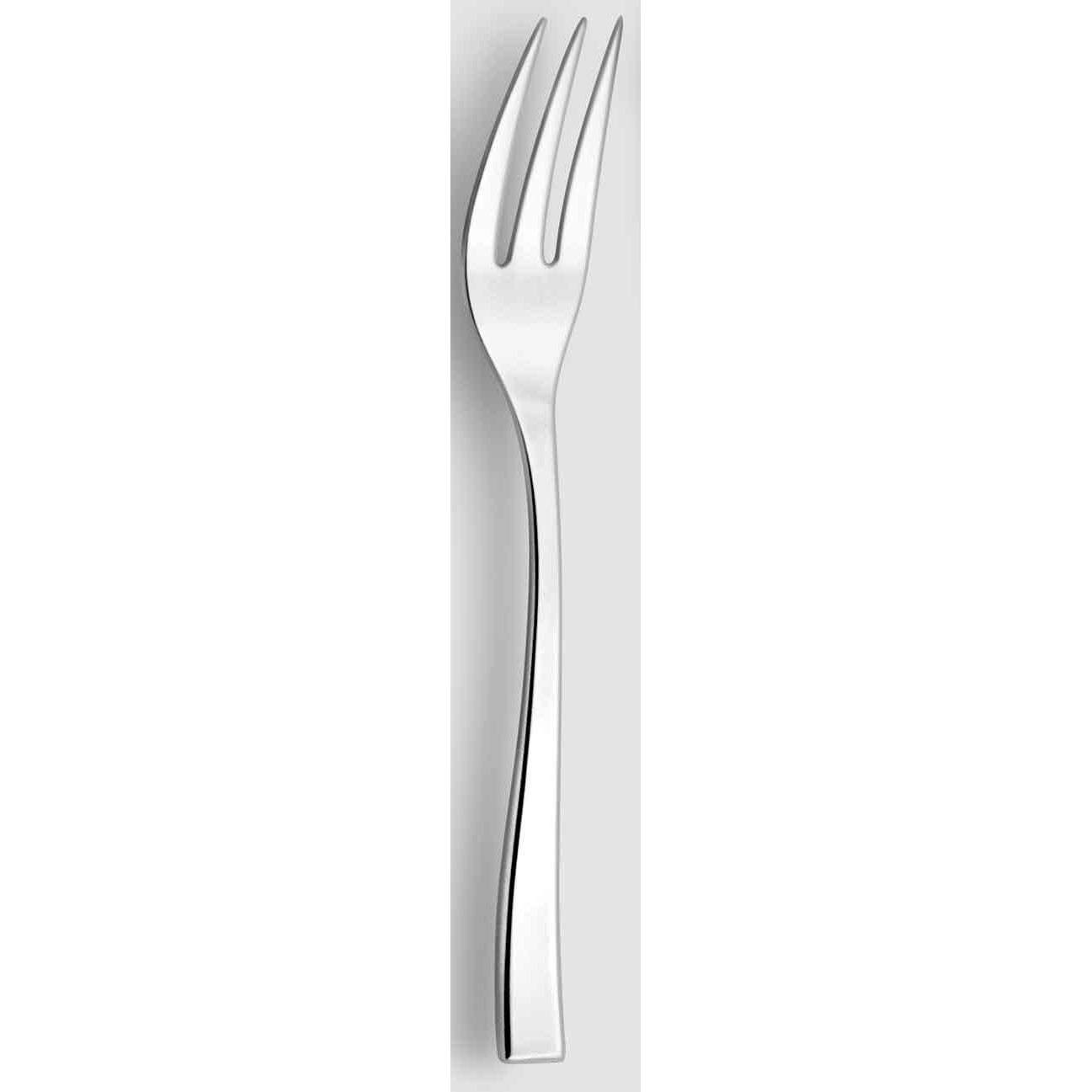A single silver serving fork with a smooth finish, isolated on a white background.