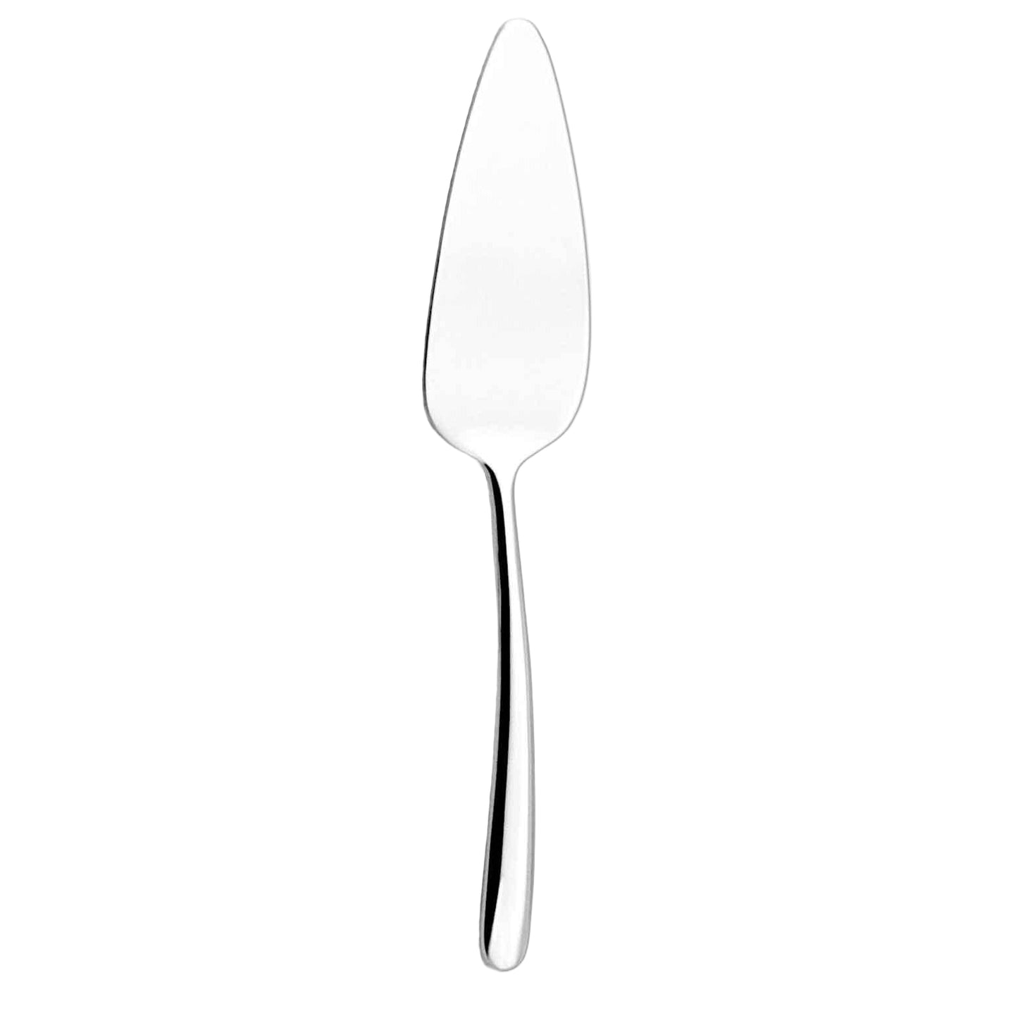 A stainless steel cake server with a smooth, polished finish.