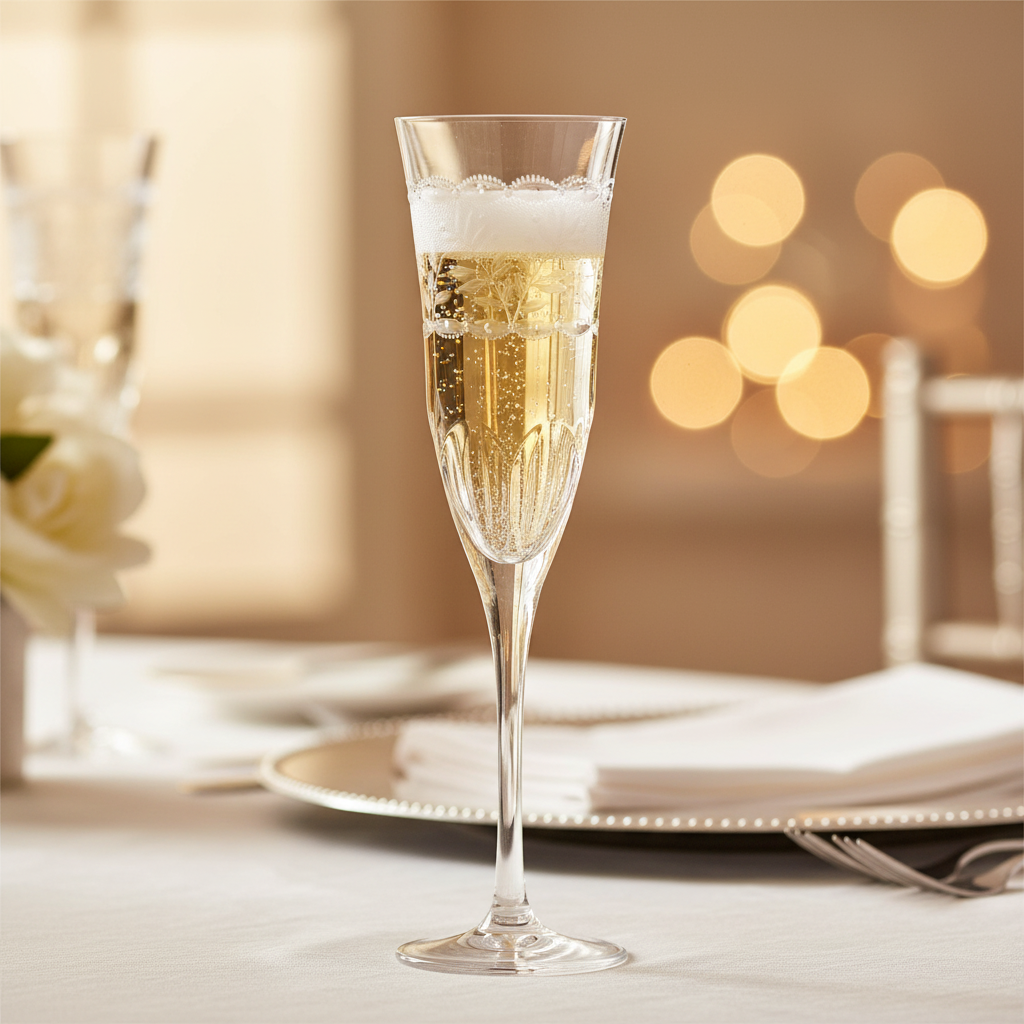 Champagne flute with bubbles on a blurred dinner table setting