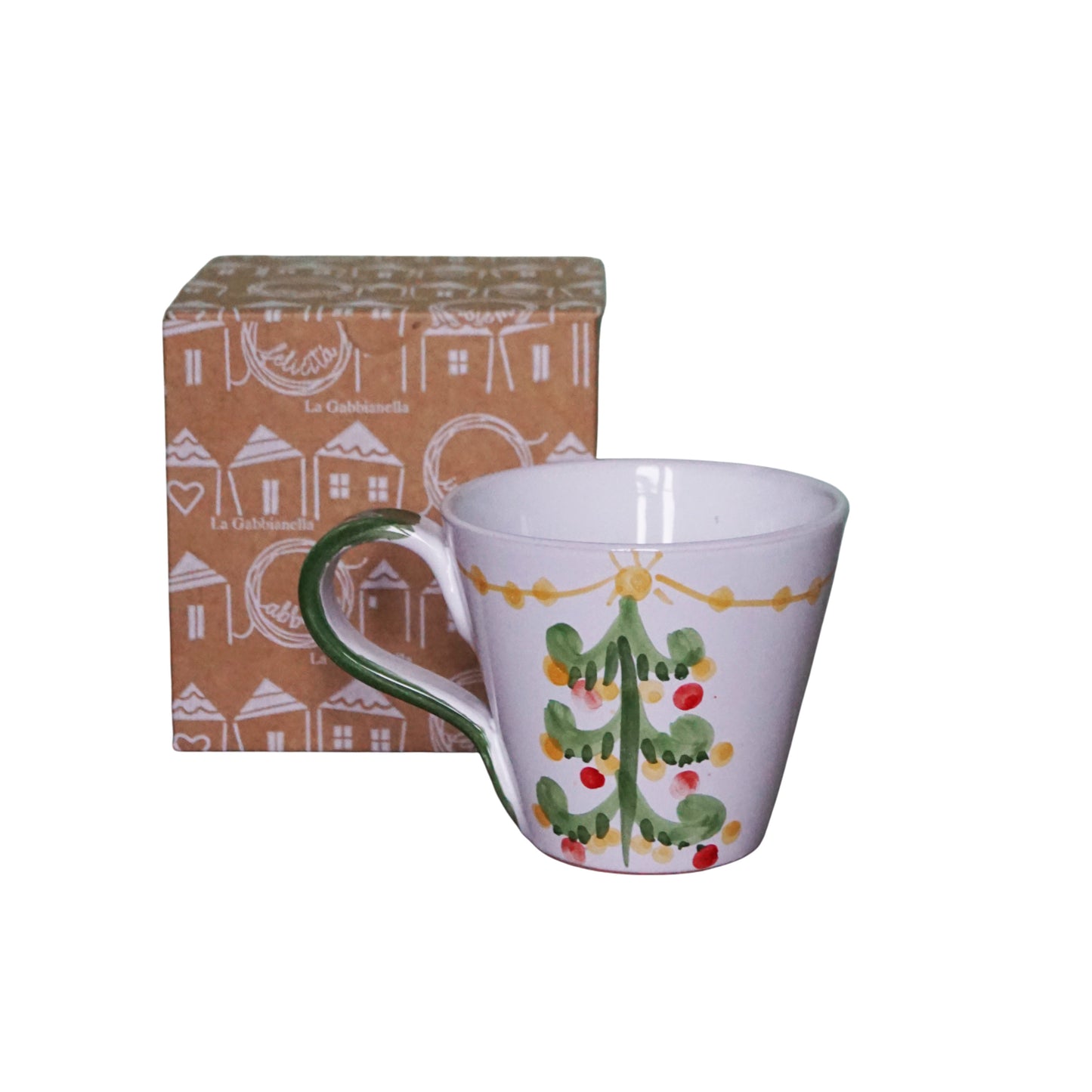 Ceramic white mug with green Christmas tree, pictured with festive gift box