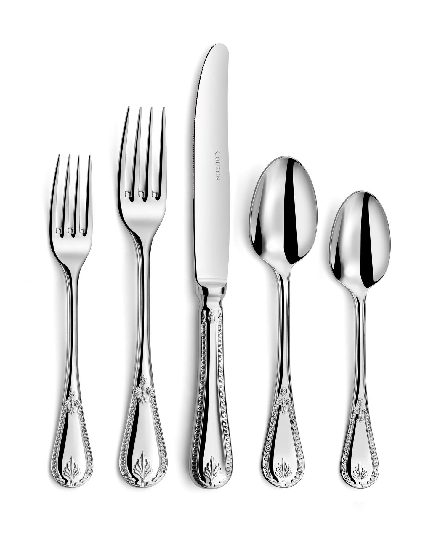 A 5-piece stainless steel flatware set, including a table knife, fork, dessert fork, dessert spoon, and teaspoon with a mirror finish.