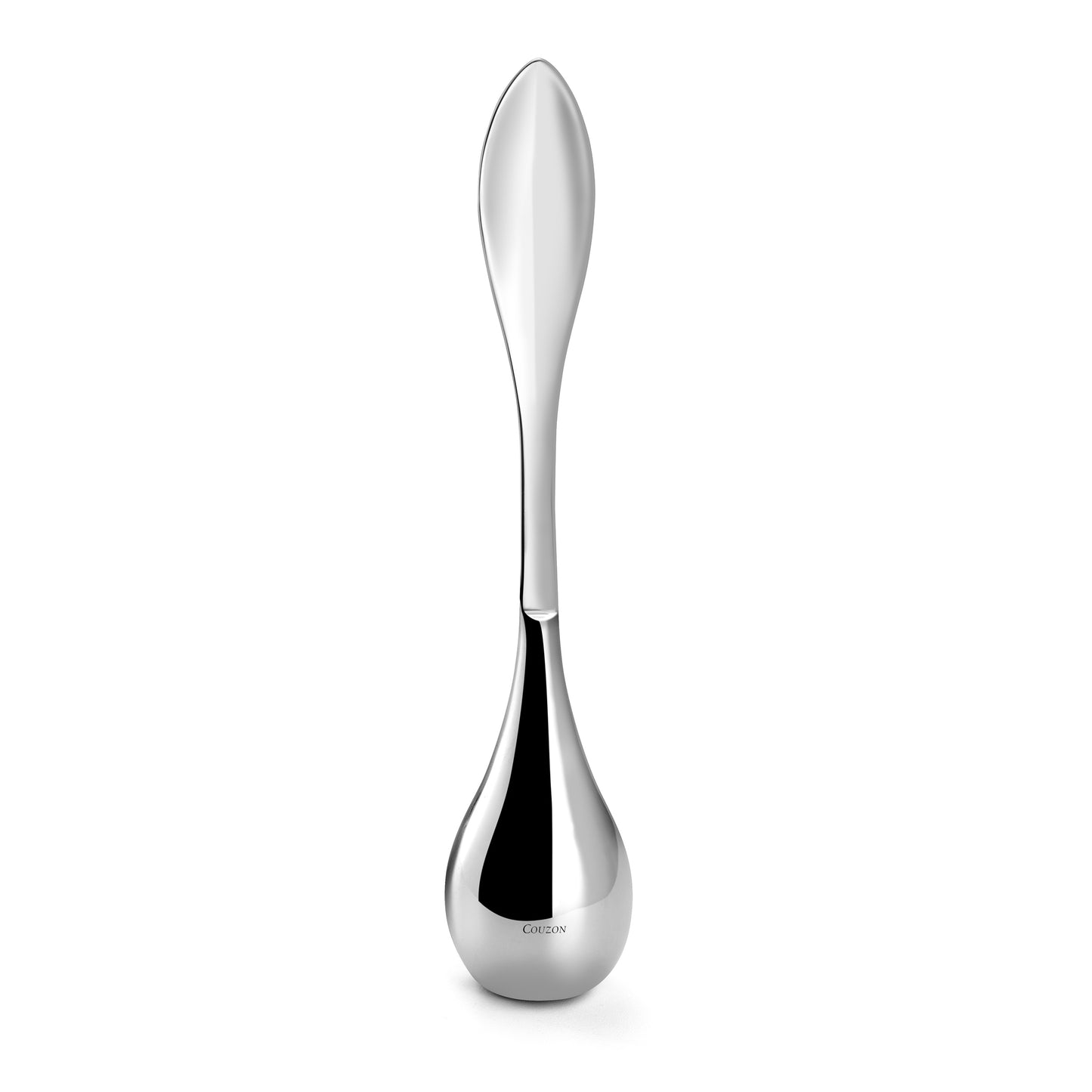 A single silver jelly spreader spoon with a smooth, curved handle and a rounded end.