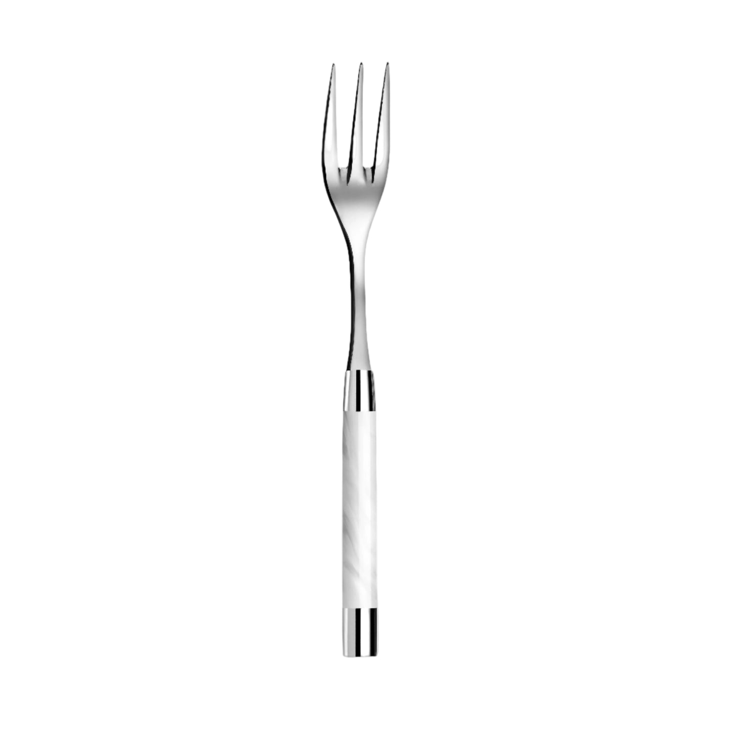 Stainless steel fork with a white handle on a white background