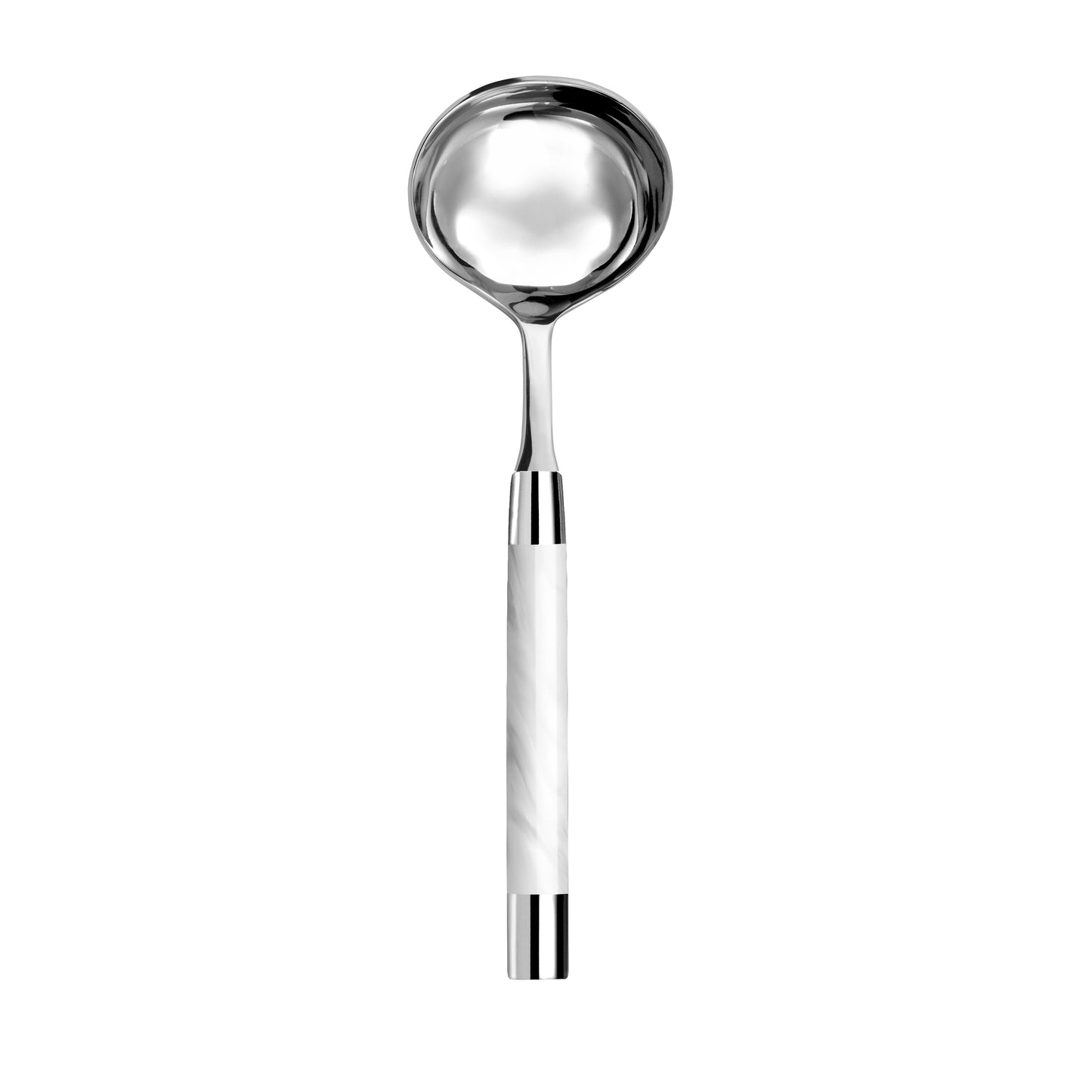 Stainless steel gravy or sauce ladle with a white handle