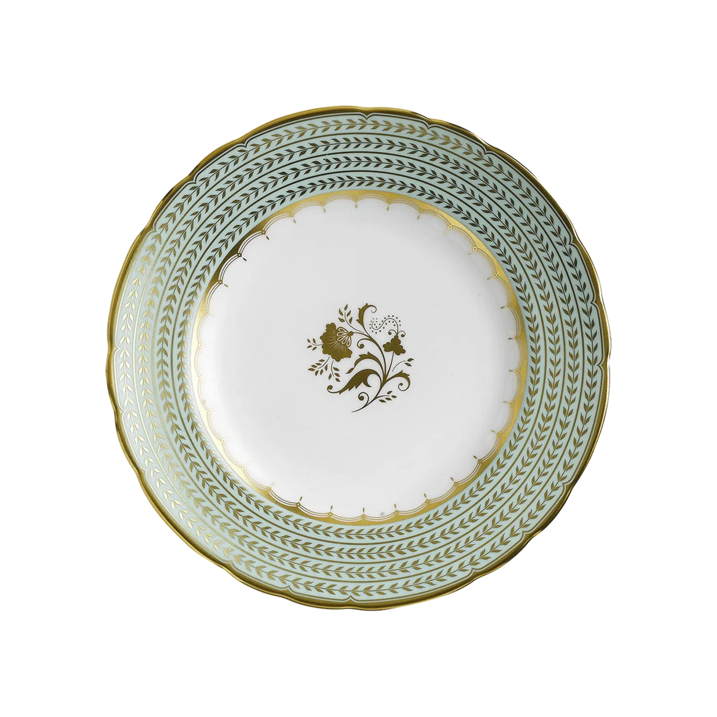 Decorative bone china plate with mint green and gold patterned rim and floral design on a white background