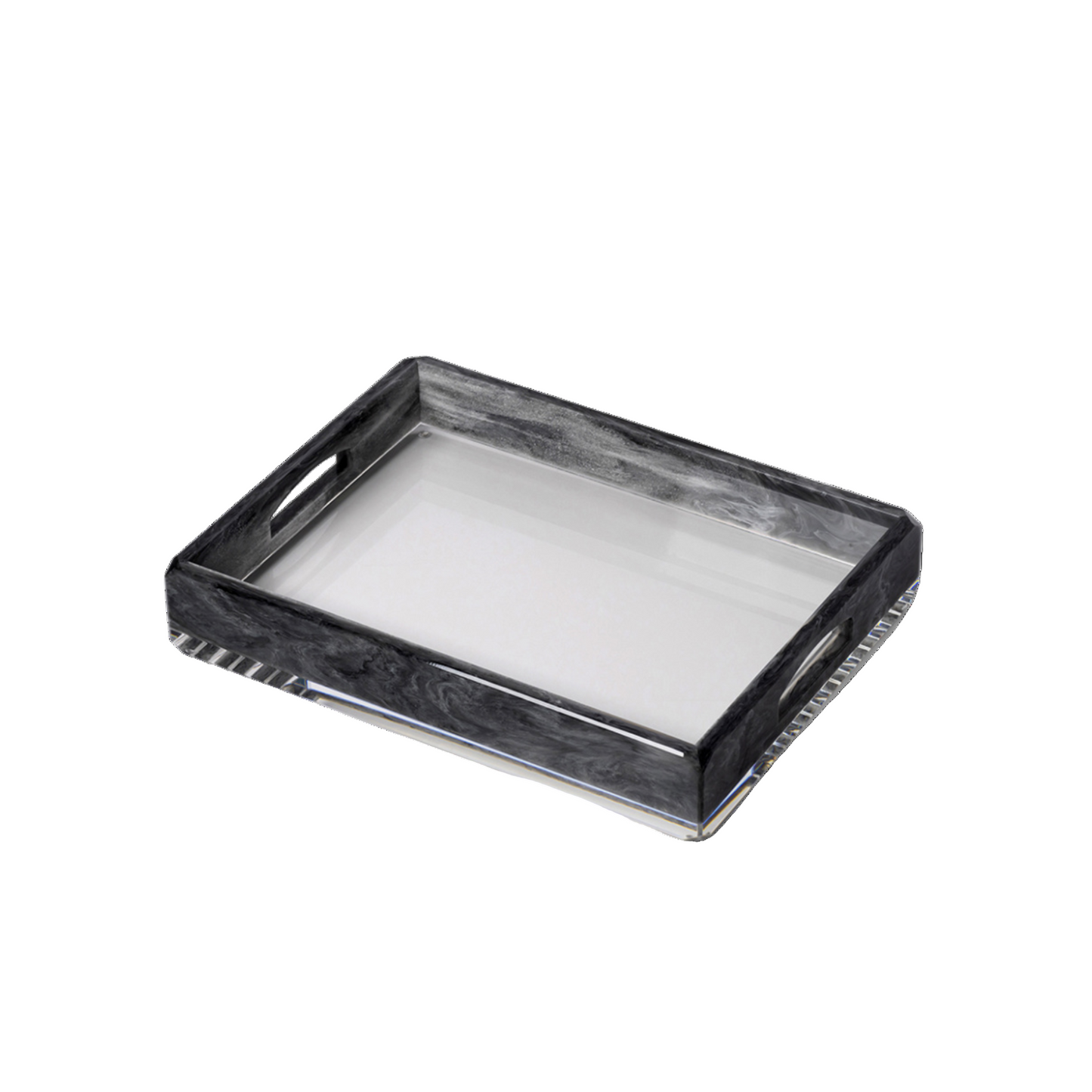 Black acrylic rectangular tray with a textured looking surface on a white background