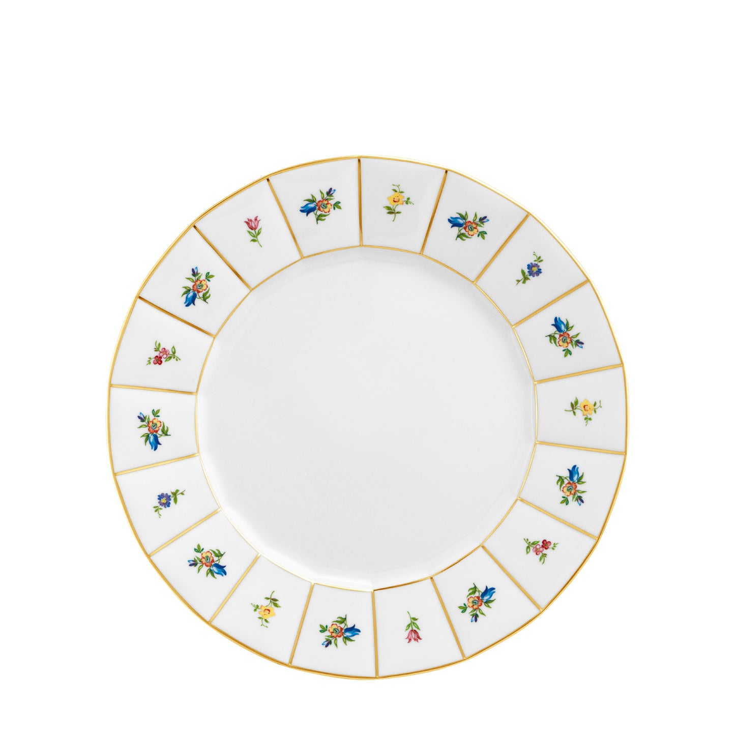 A white porcelain plate with gold trim and small floral decorations arranged in a pattern around the edge.