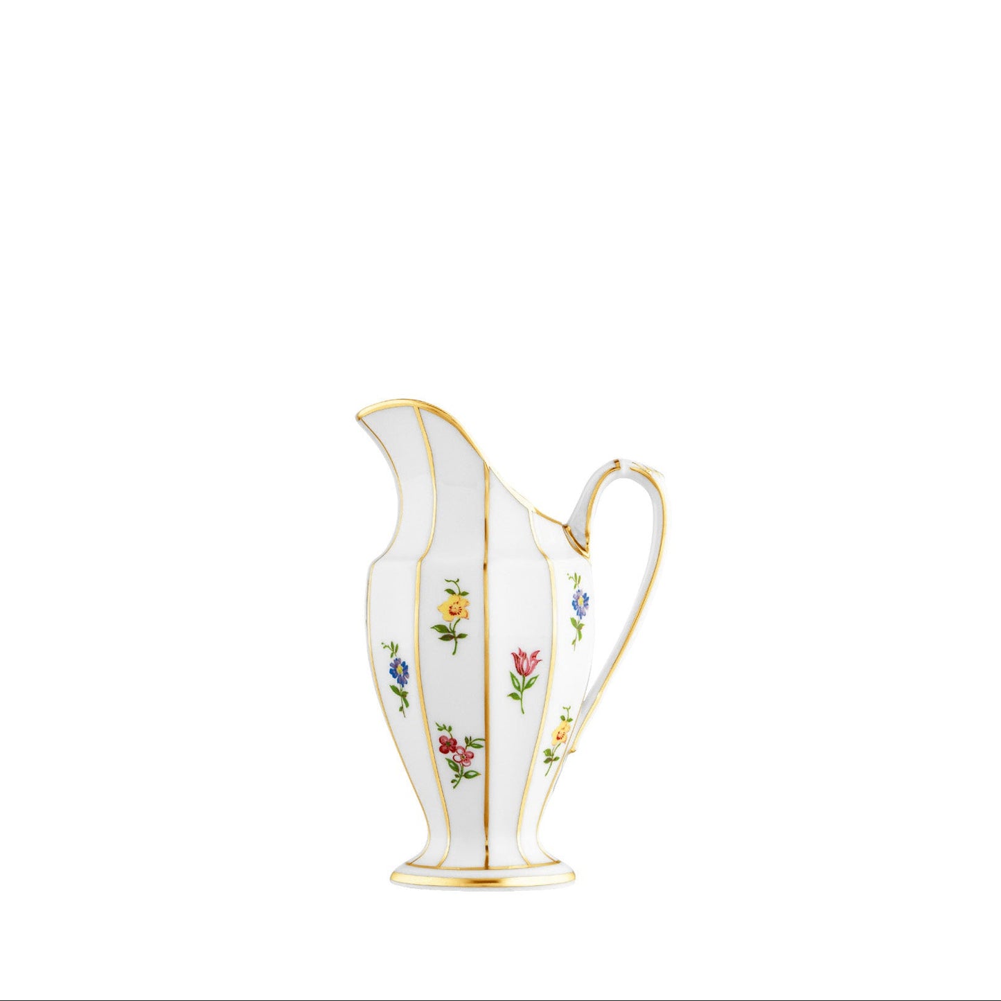 A white porcelain creamer with floral patterns and gold accents.