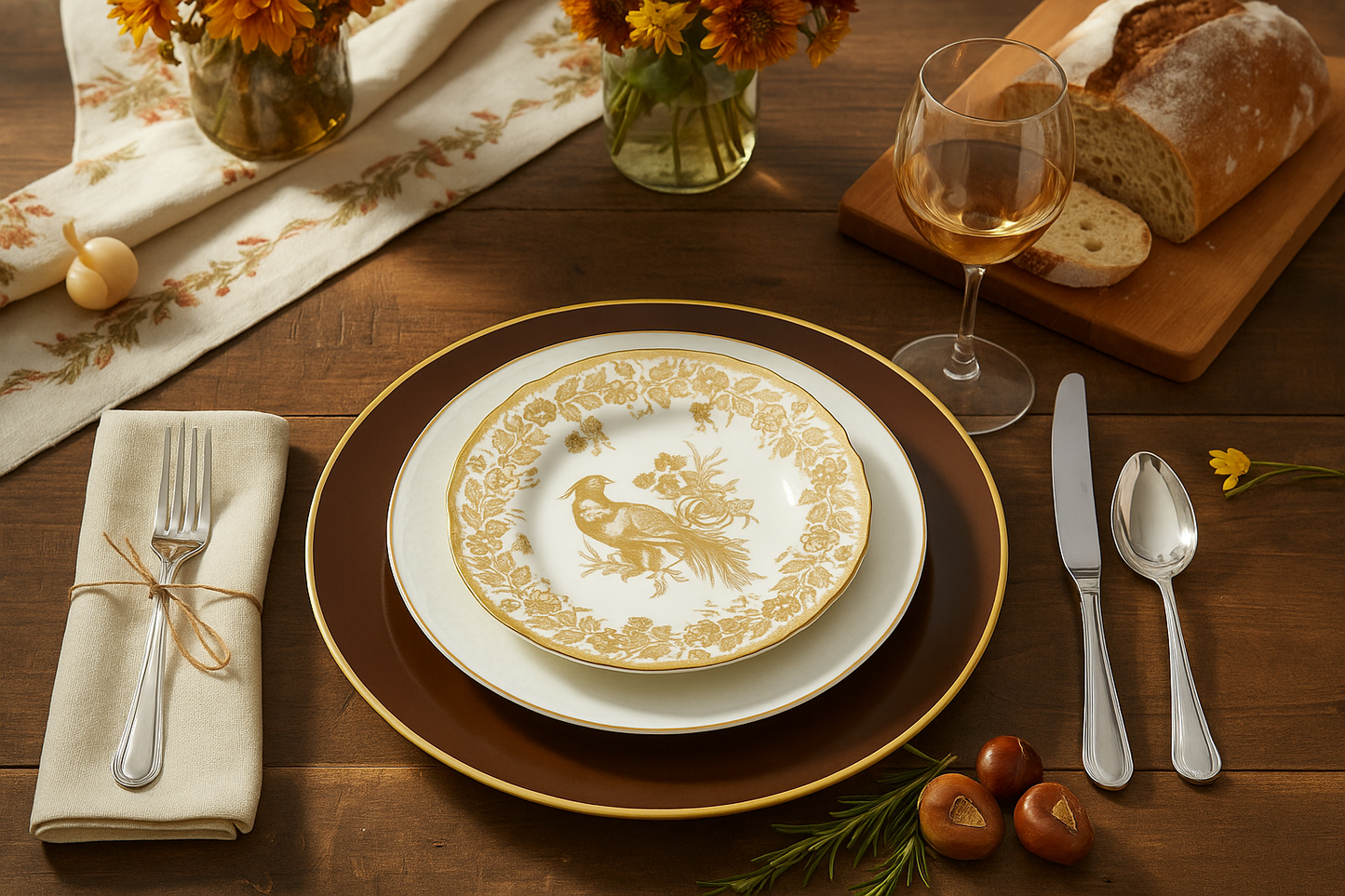Fall dining table setting with decorative plates, wine glass, and bread on a wooden surface.