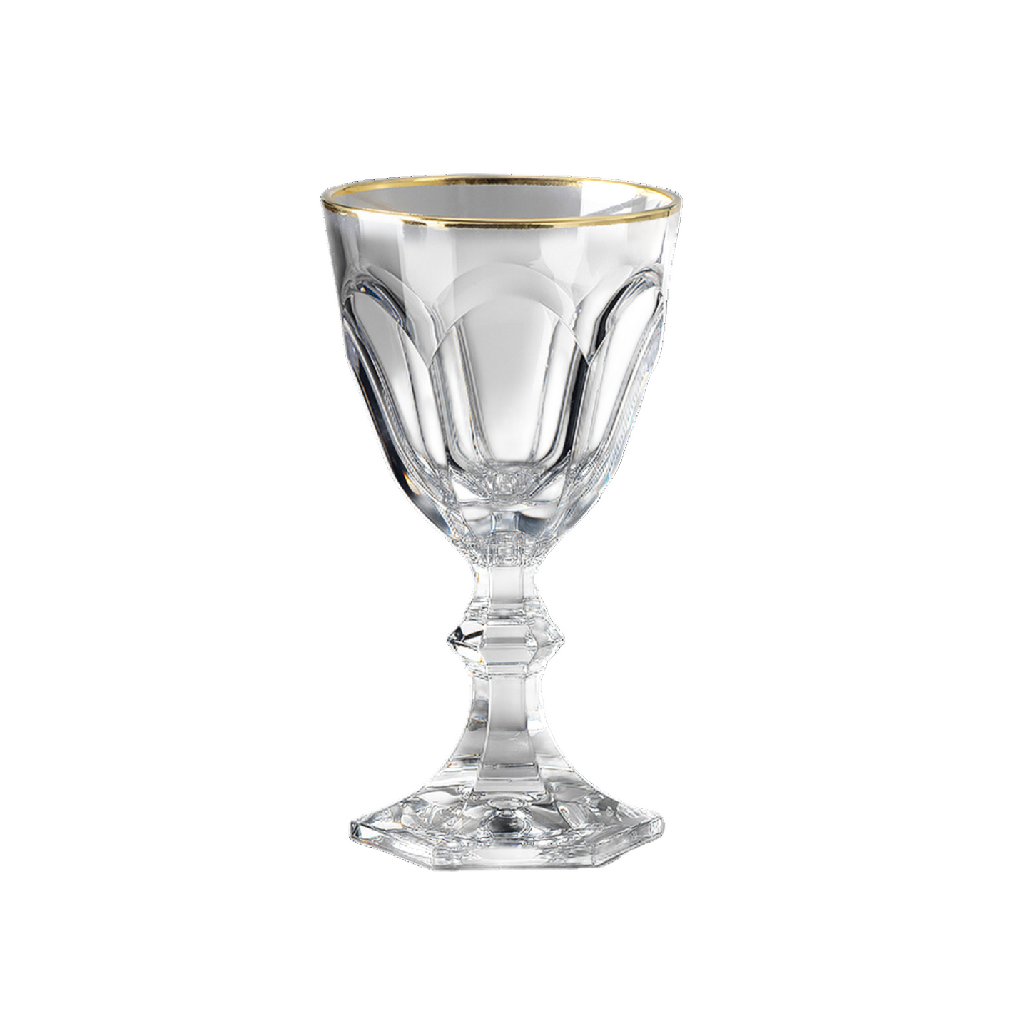 Clear acrylic glass with gold rim on a white background