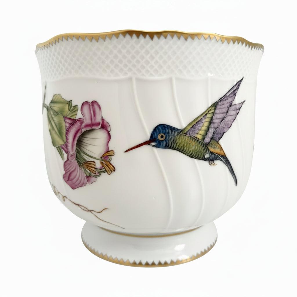 Hand Painted Cachepot, Round - Flower with Hummingbird
