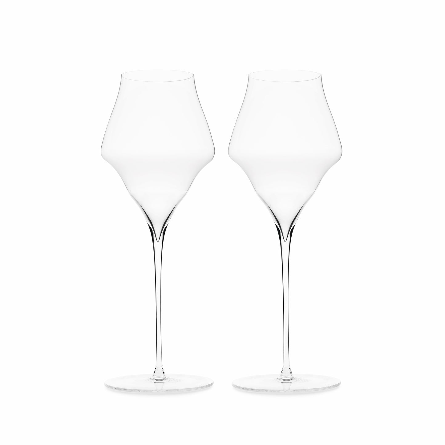 Two clear glasses of champagne with a narrow design and a deep pointed tip, displayed against a white background.