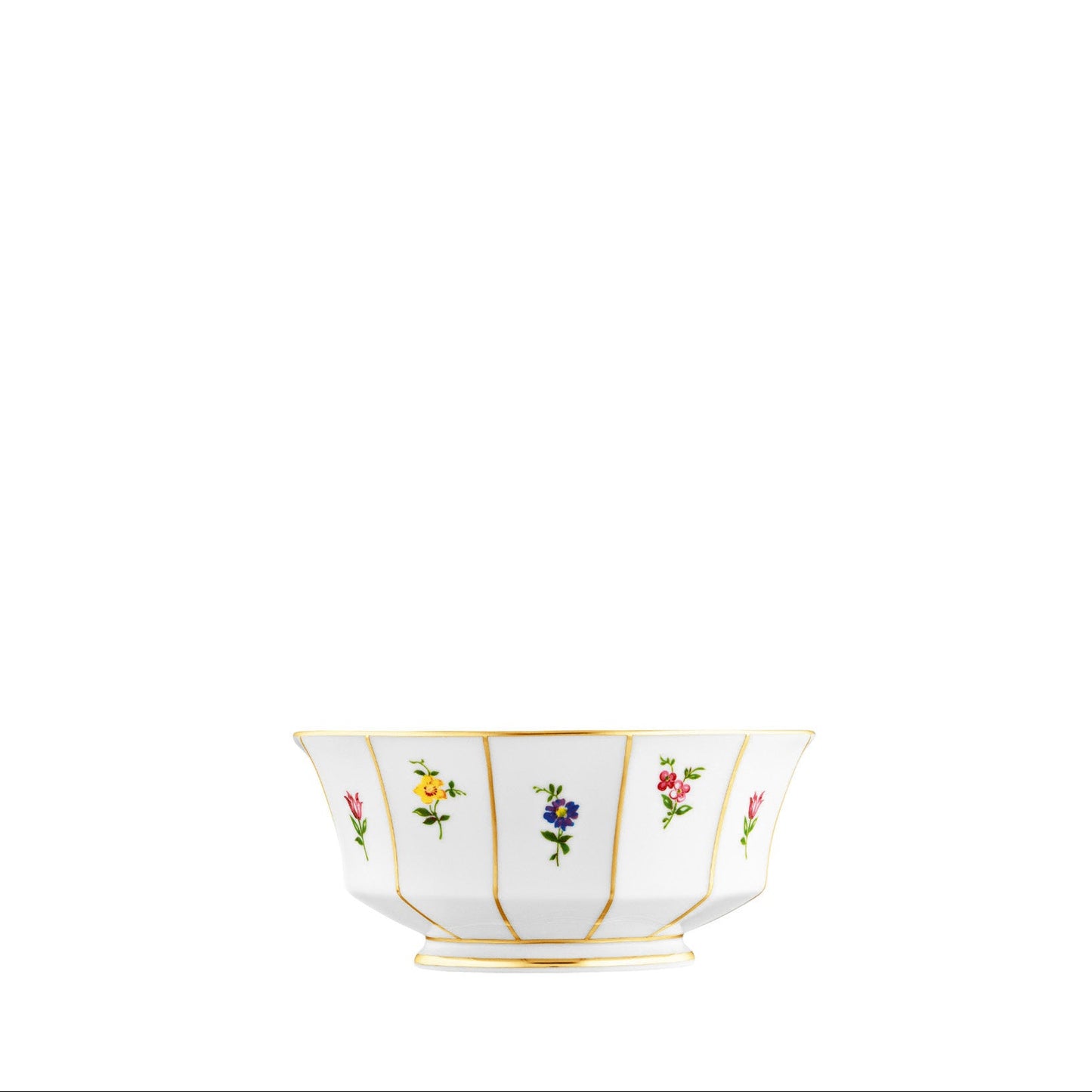 A white porcelain bowl with gold trim and small floral decorations arranged in a pattern around the edge.