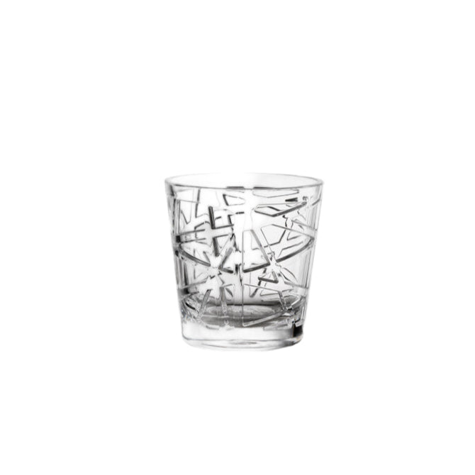 A clear acrylic tumbler with a geometric pattern, displayed against a neutral background.