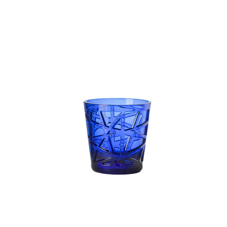A clear acrylic tumbler with a geometric pattern, displayed against a neutral background.