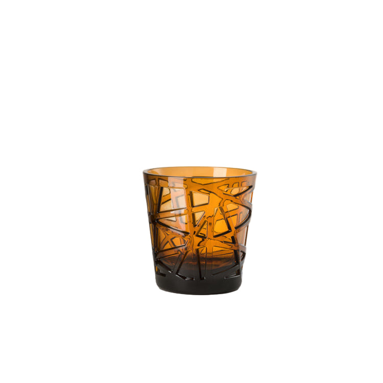 A clear acrylic tumbler with a geometric pattern, displayed against a neutral background.