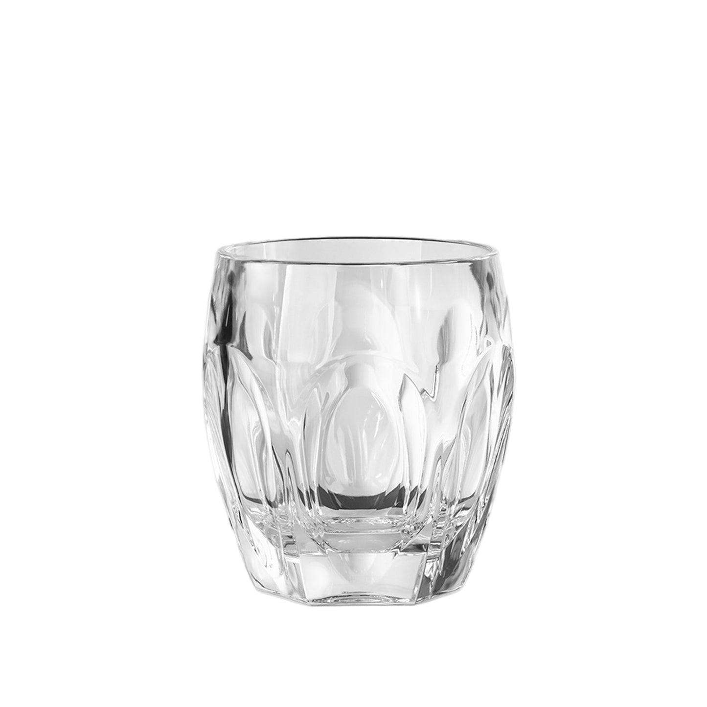 A clear acrylic tumbler with a geometric pattern design, suitable for dining.