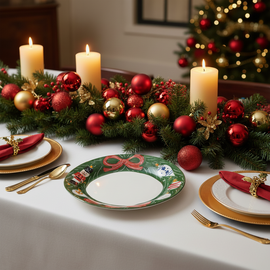 Decorative Christmas table setting with candles, garland, and ornaments.