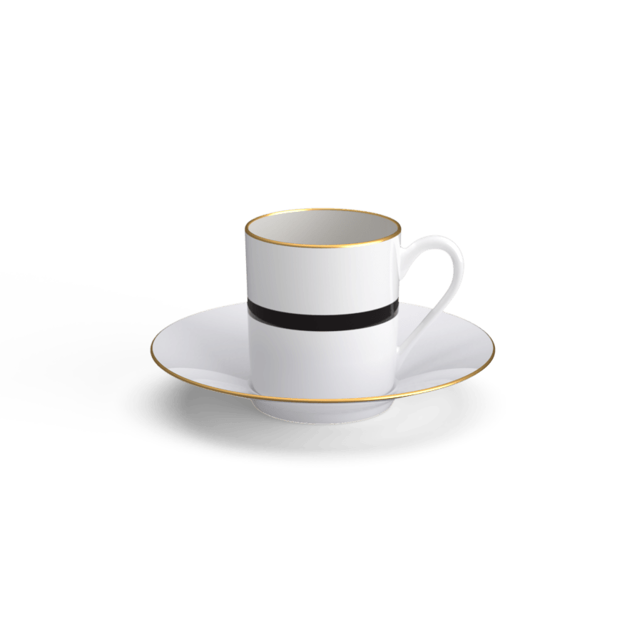 White espresso cup and saucer with gold rim and black band on a white background