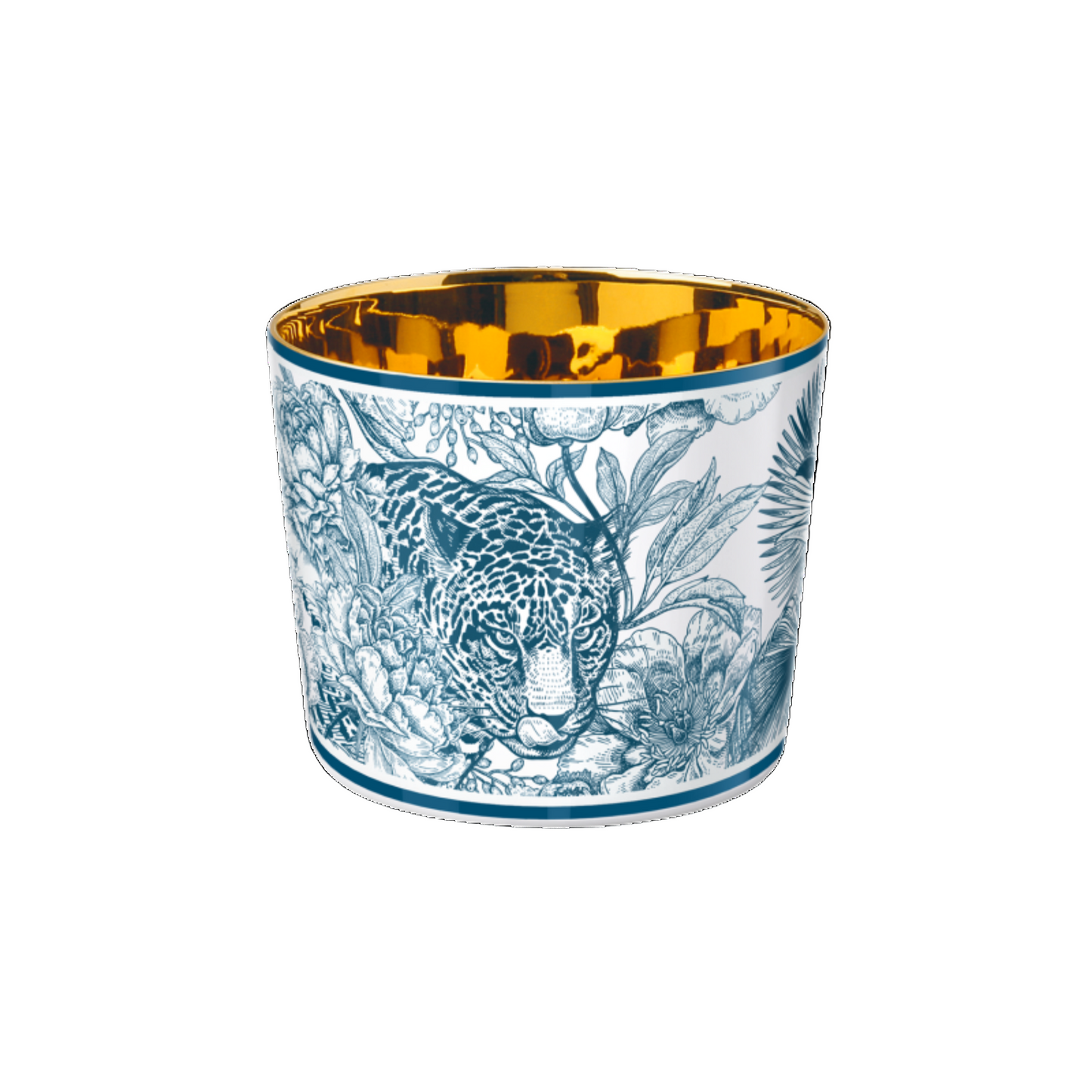 A porcelain champagne tumbler with blue animal patterns and a 24-carat gold plating on the inside.