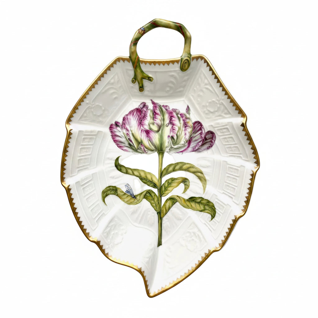 Hand Painted Leaf Plate - Full Bloom Pink Tulip