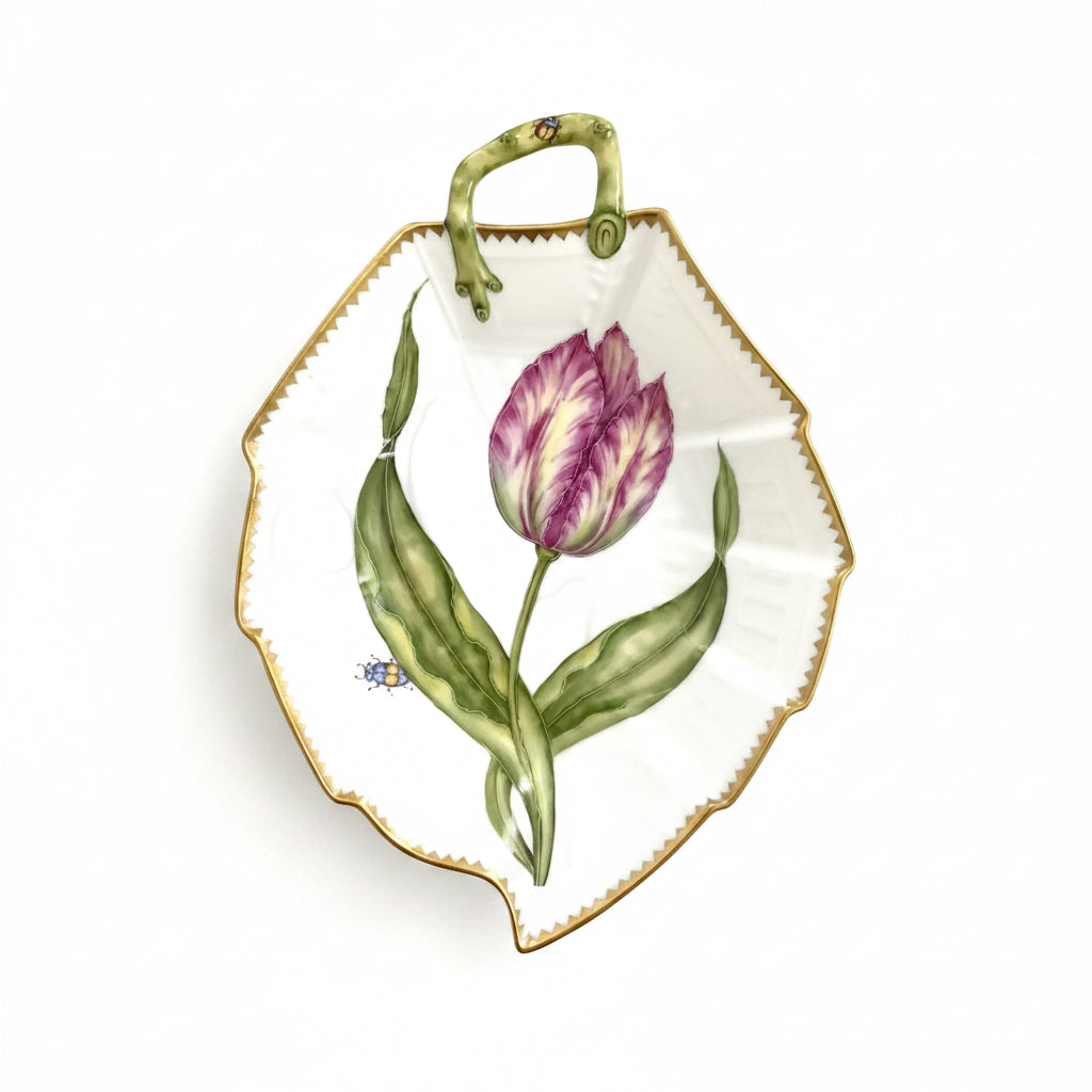 Hand Painted Leaf Plate - Closed Pink Tulip