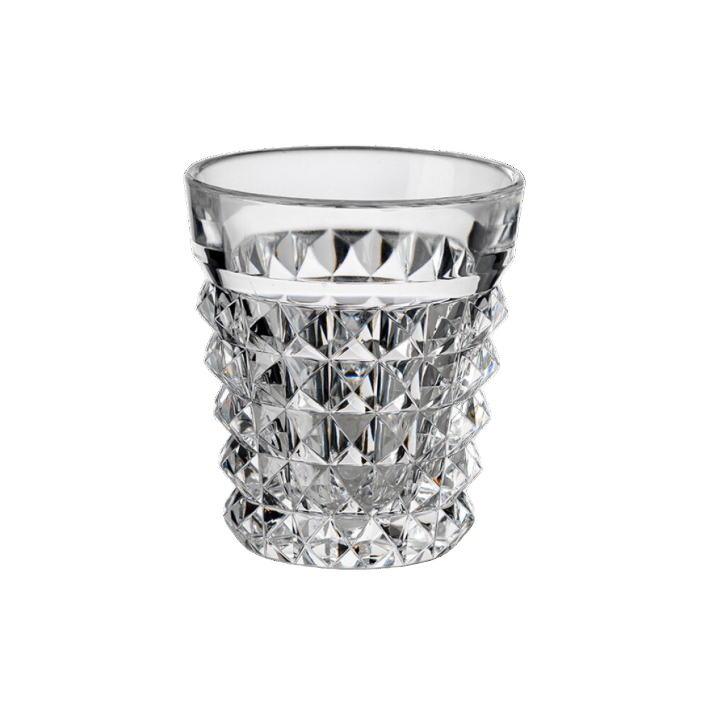 Clear acrylic tumbler with diamond-cut pattern on a white background