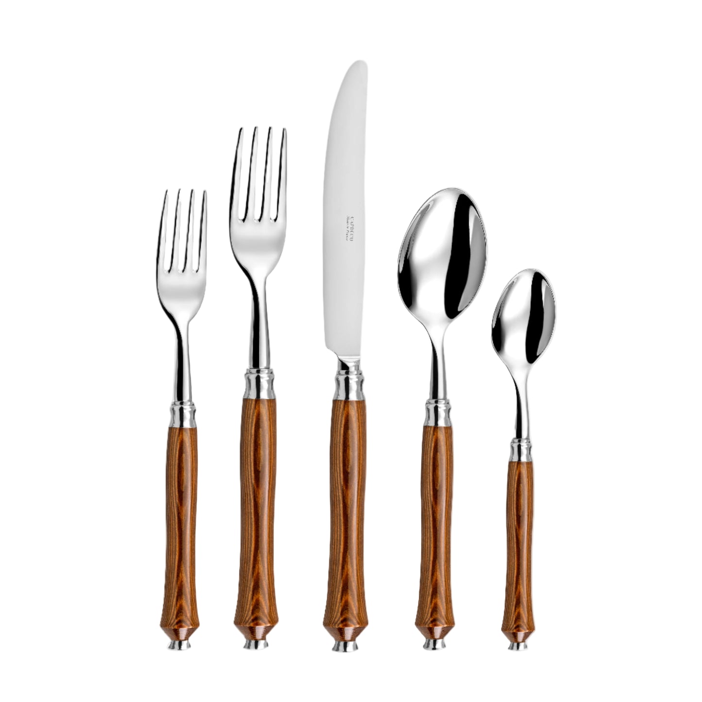 Set of silverware with wooden handles on a white background