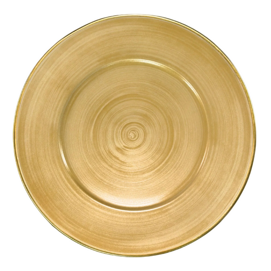 Brushed gold plate with gold rim on a white background