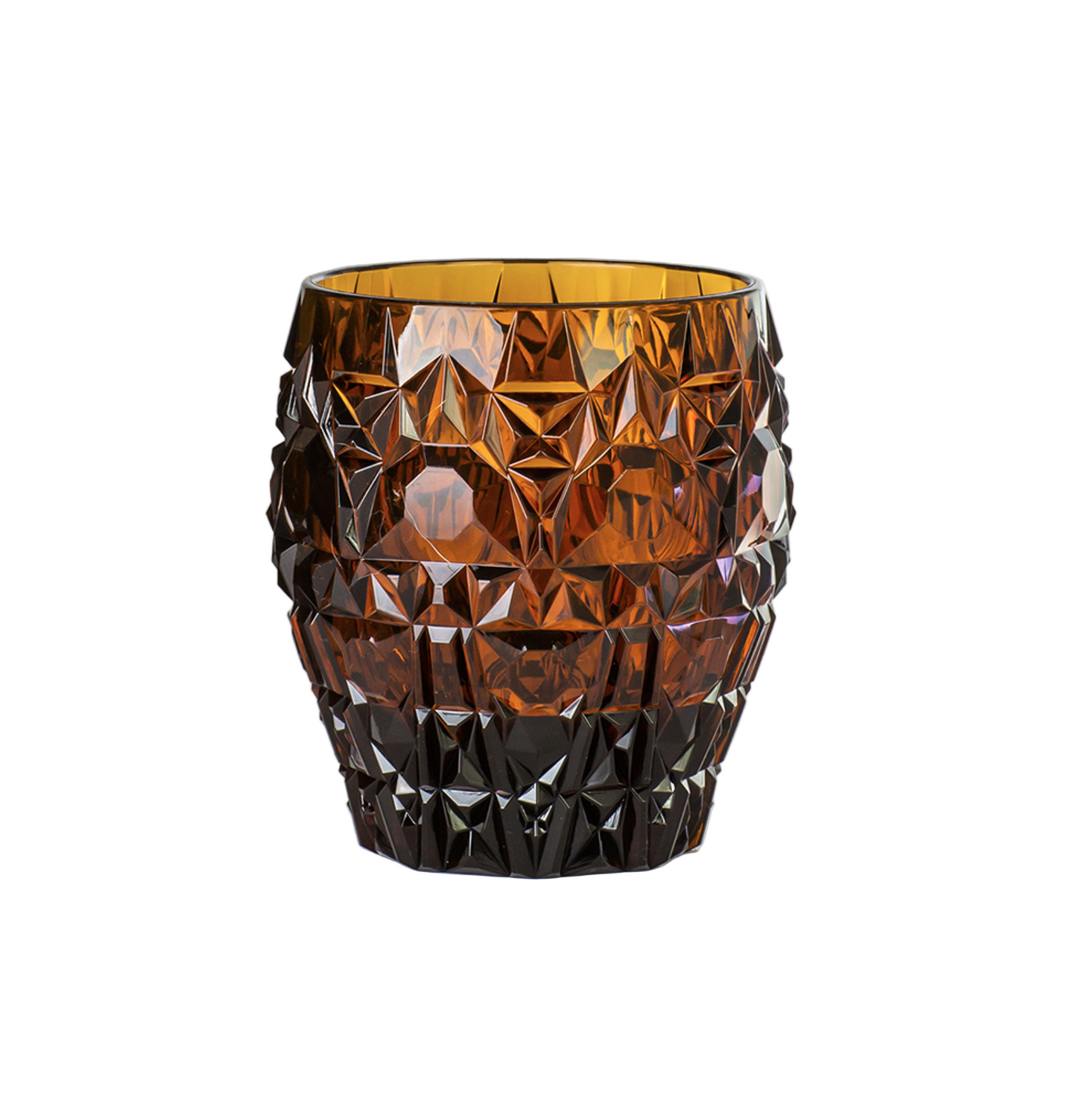 A brown, geometric-patterned acrylic tumbler against a neutral background.