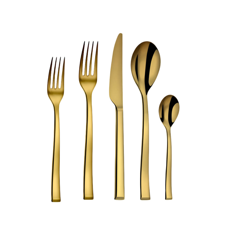 Set of gold cutlery including a fork, knife, and two spoons