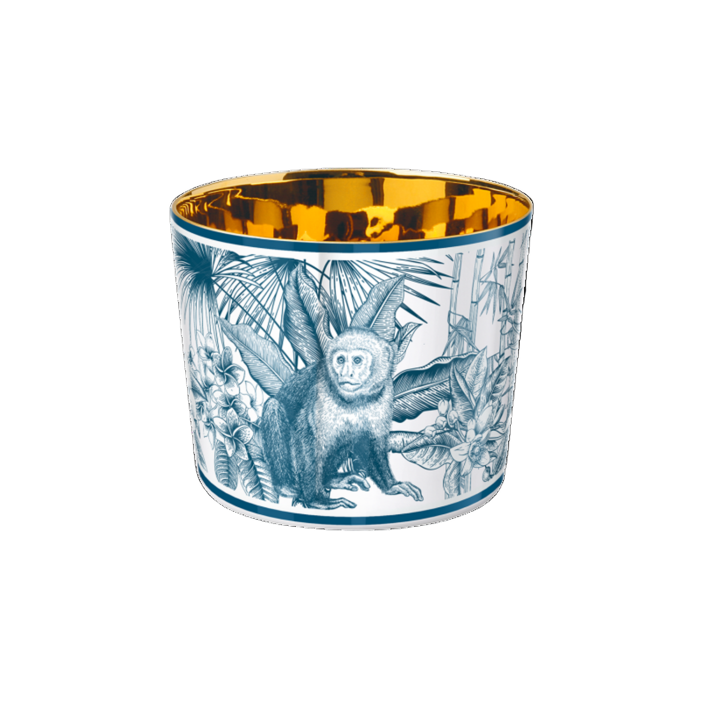 A porcelain champagne tumbler with blue monkey jungle patterns and a 24-carat gold plating on the inside.