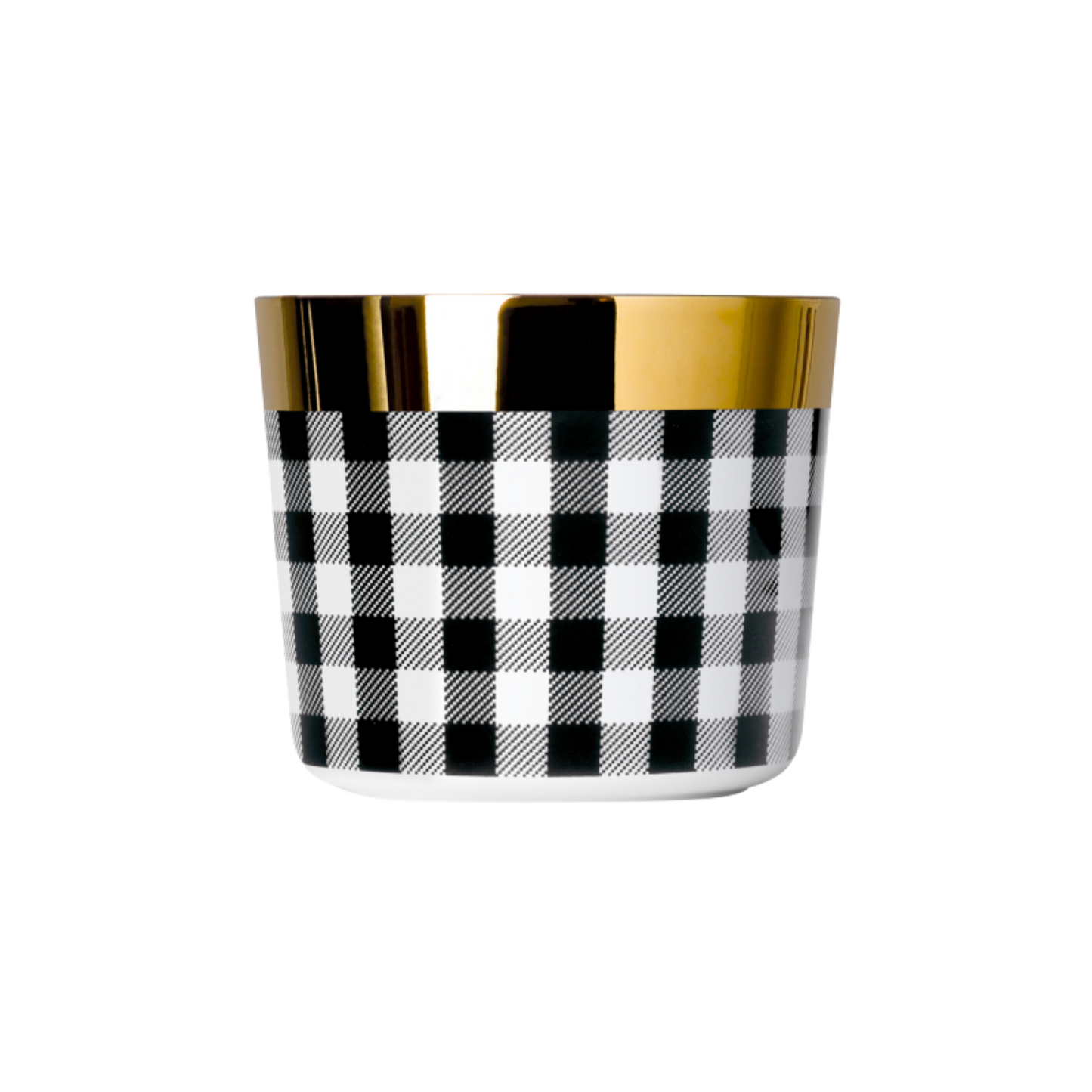 Luxury tumbler with black and white checkered pattern and gold accents on a white background