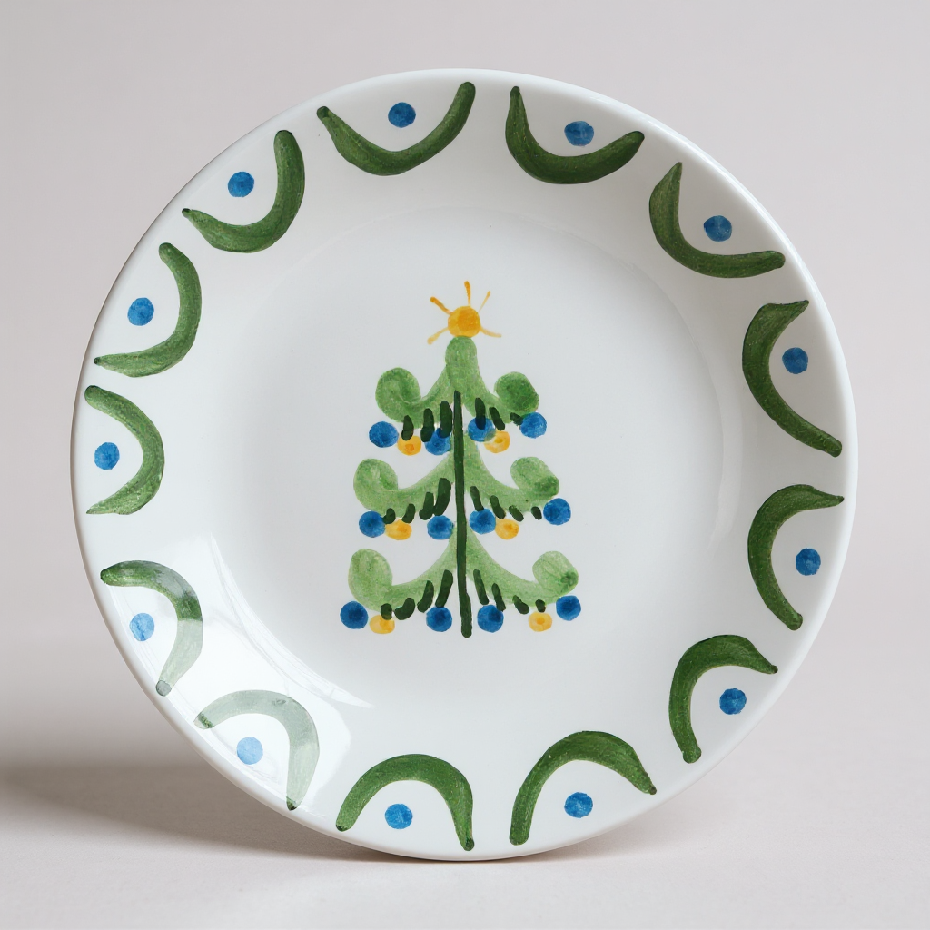 Decorative handmade plate with a Christmas tree design on a white background