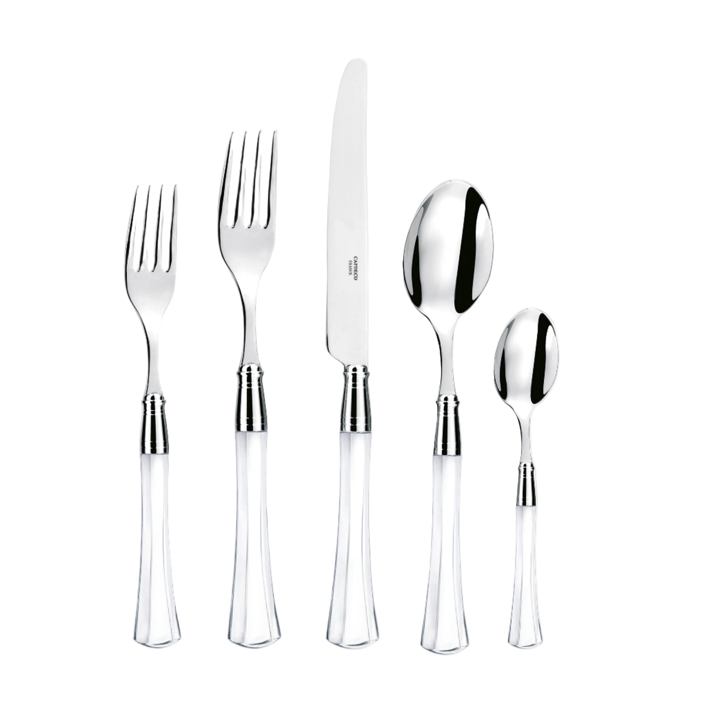 Set of silver cutlery with clear crystal handles including forks and spoons on a white background