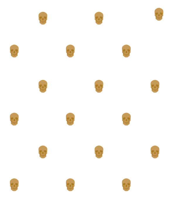 Pattern of small gold skull icons on a white background