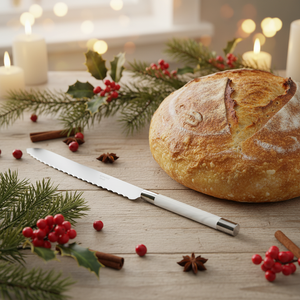 Loaf of bread with a knife on a wooden table, surrounded by festive decorations.