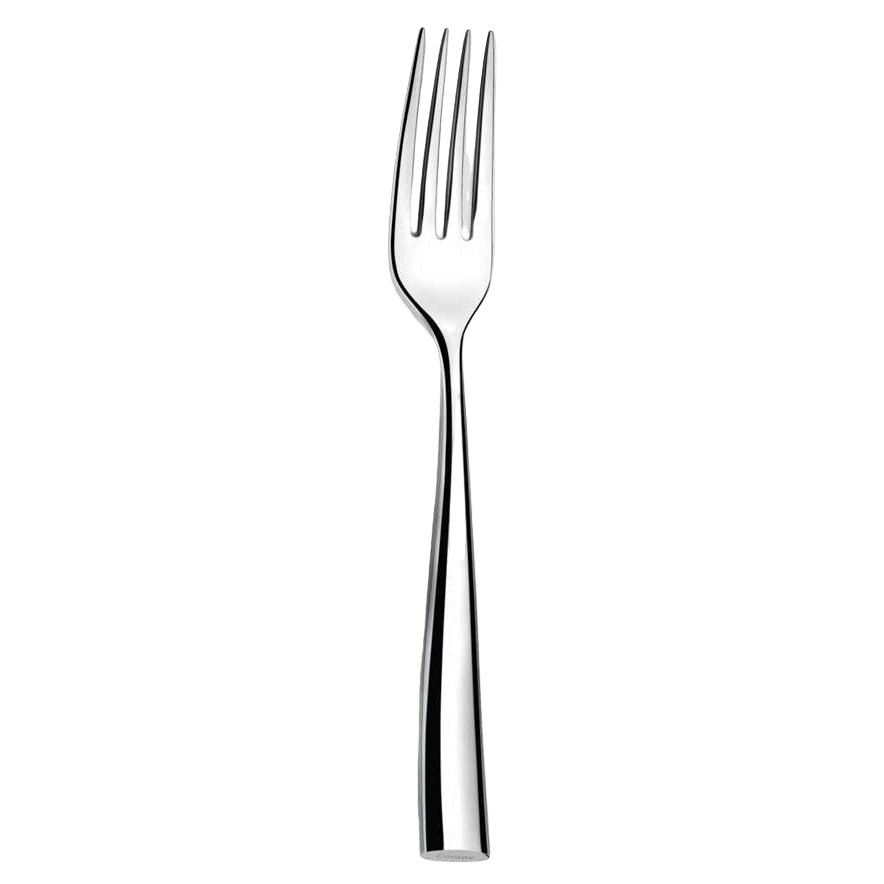 A single silver serving fork with a modern design, displayed against a plain background.