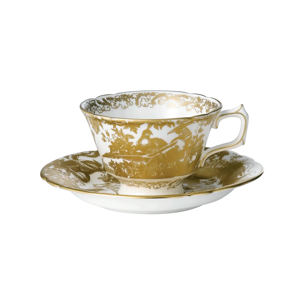 Gold and white teacup and saucer set on a white background