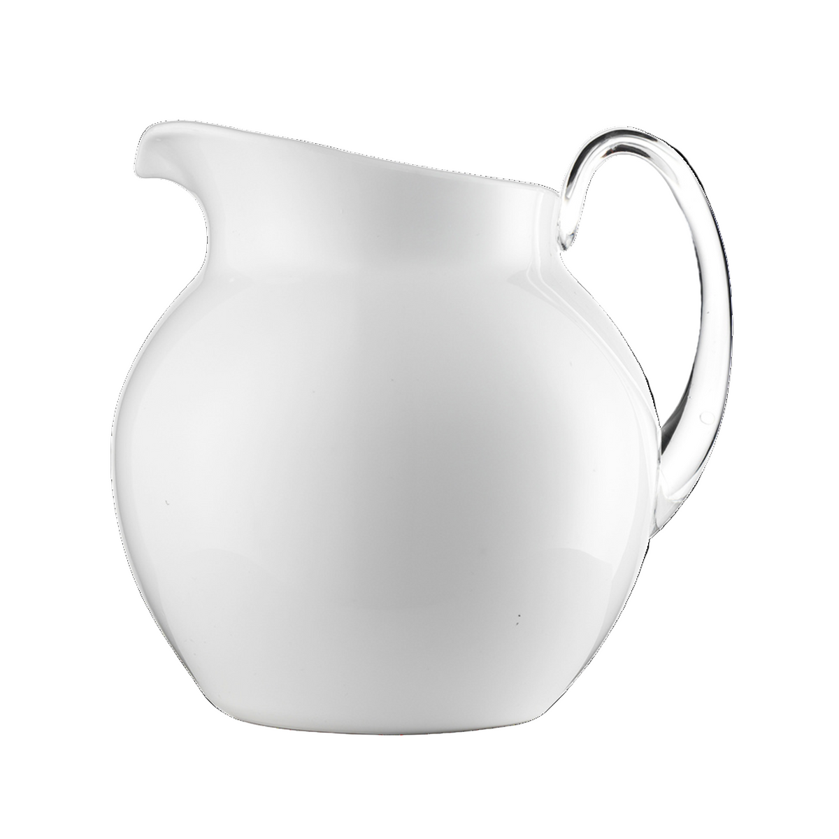 A white acrylic pitcher with a clear handle.
