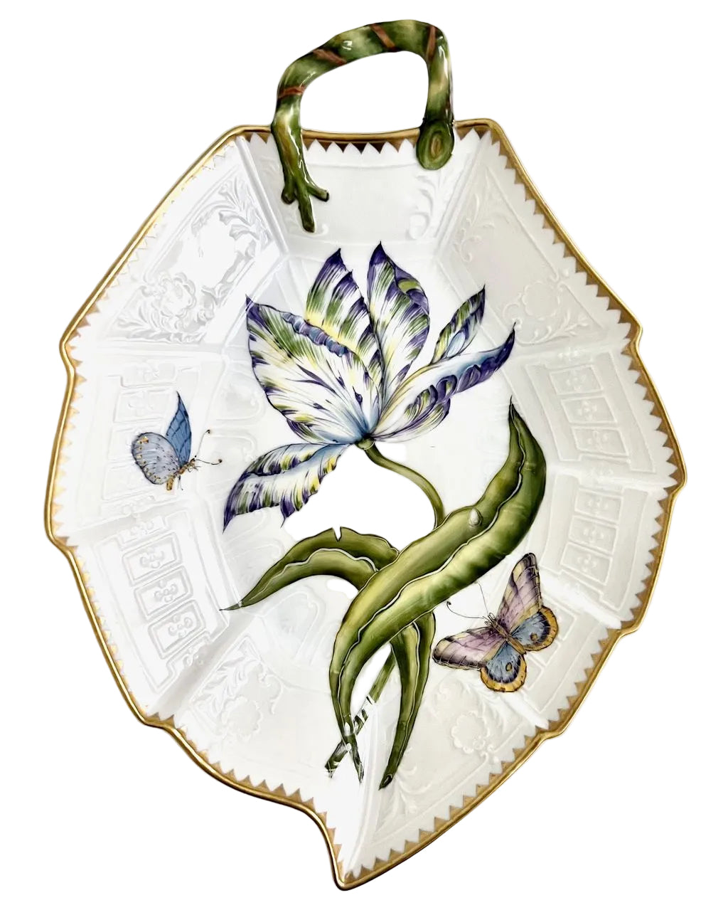 Hand Painted Leaf Plate - Full Bloom Purple/Yellow Flower