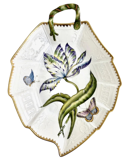 Hand Painted Leaf Plate - Full Bloom Purple/Yellow Flower