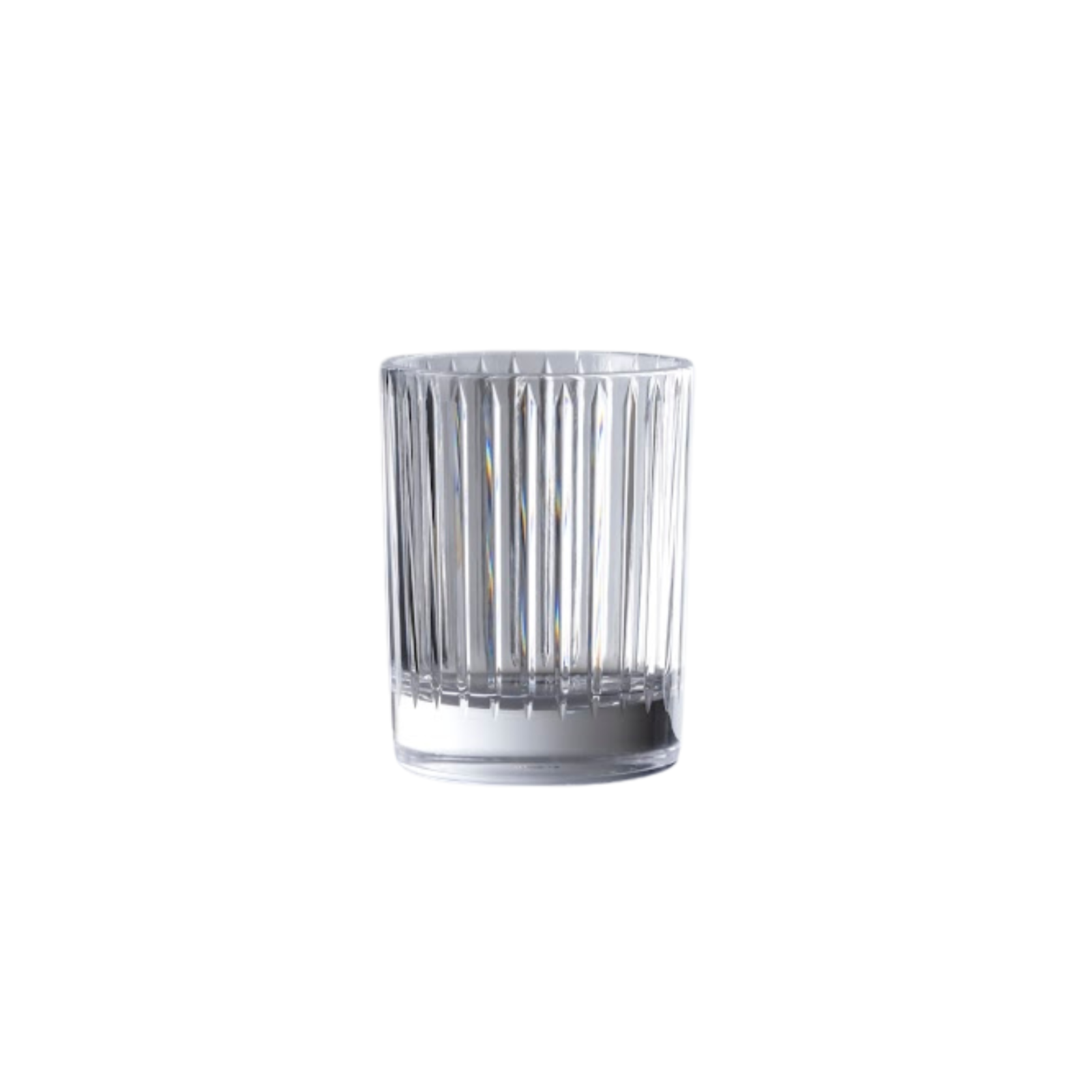 Clear glass tumbler with ribbed design on a white background