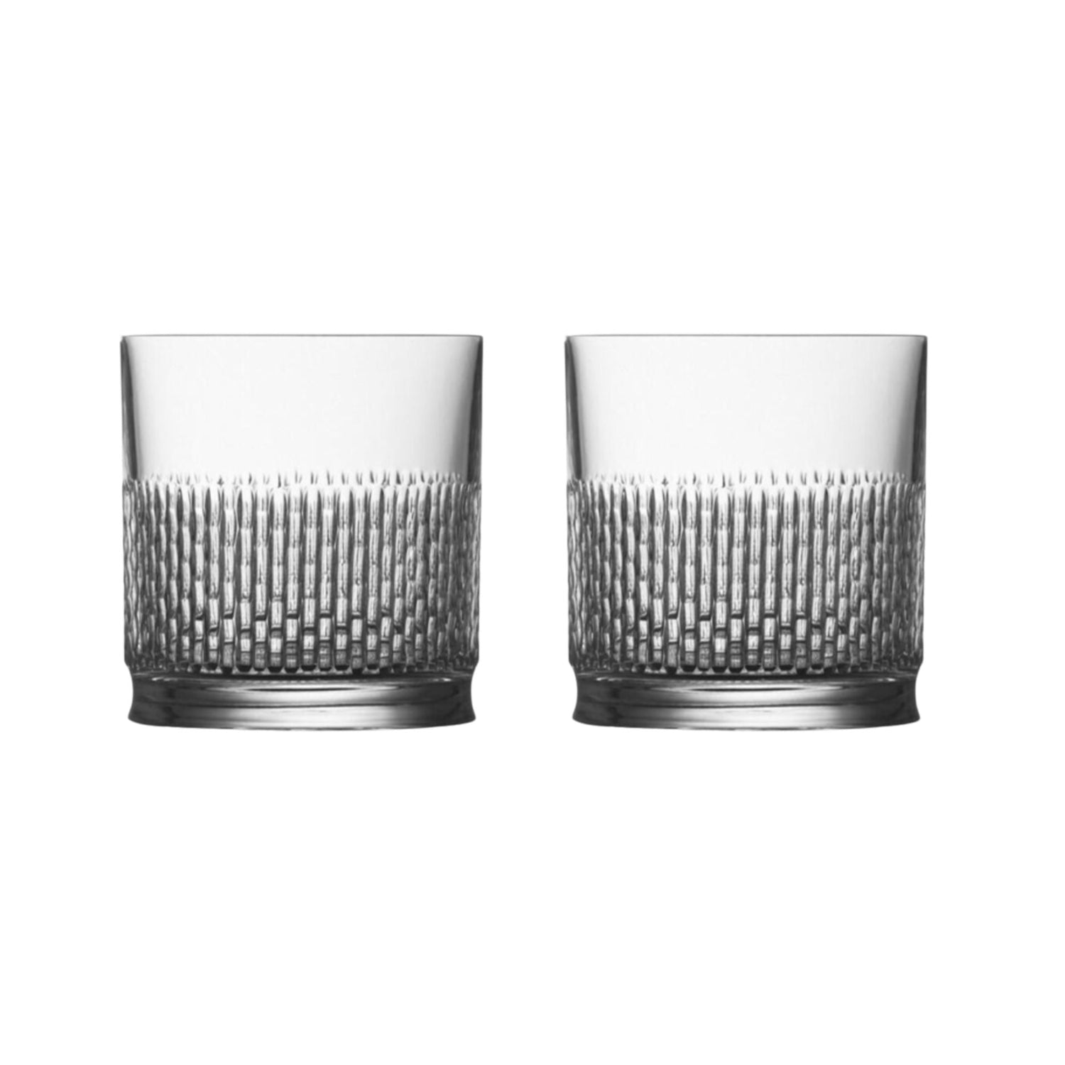 Two clear crystal tumblers with cut design on a white background