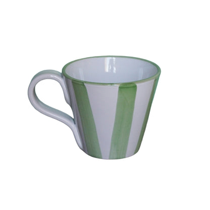 Green and white striped ceramic mug