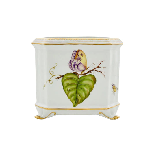Hand Painted Cachepots, Square - Butterfly on Twig, Garden Leaves