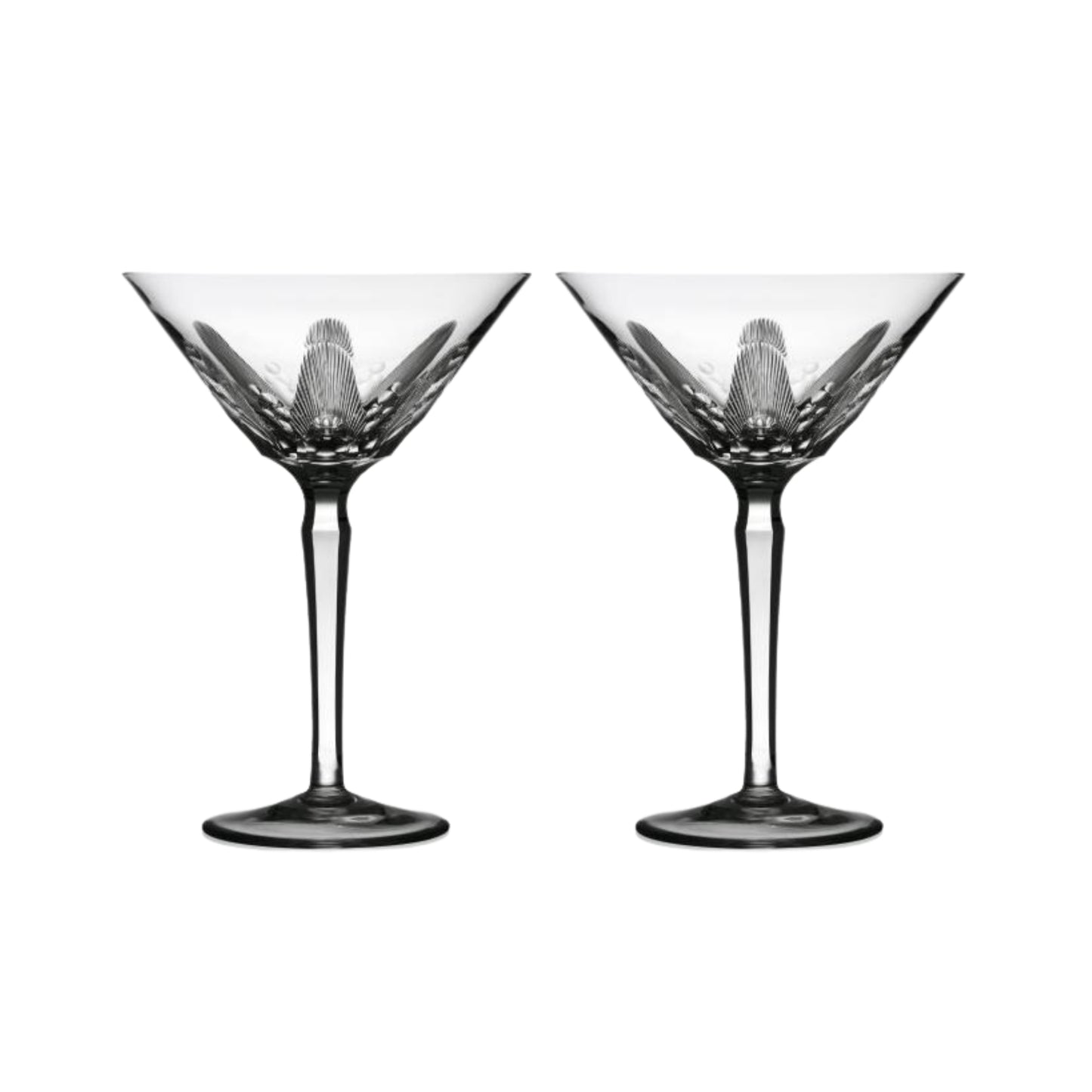 Two clear crystal martini glasses with cut design on a white background