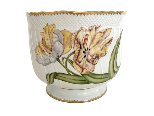 Hand Painted Cachepot, Round - Light Yellow Flower