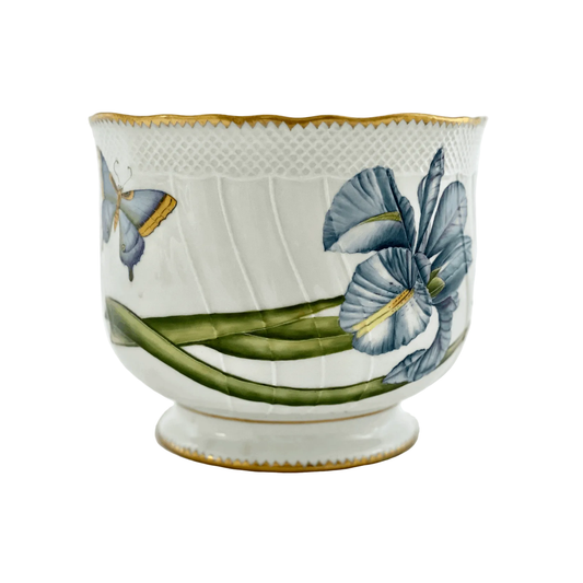Hand Painted Cachepot, Round - Blue Flower with Butterfly